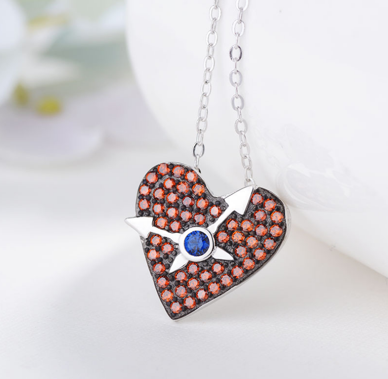 S925 Silver Heart Pendant Necklace with Red Gems