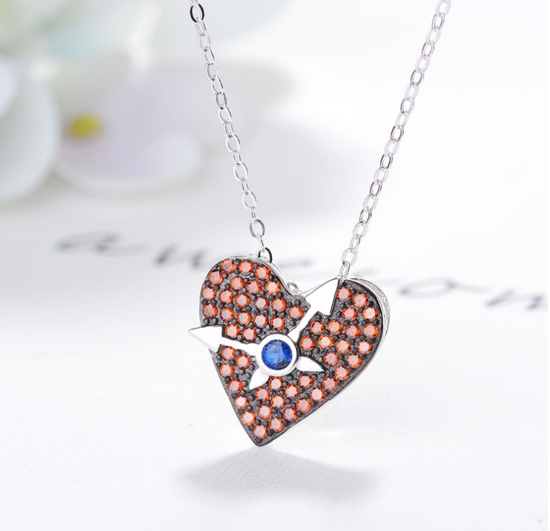 S925 Silver Heart Pendant Necklace with Red Gems