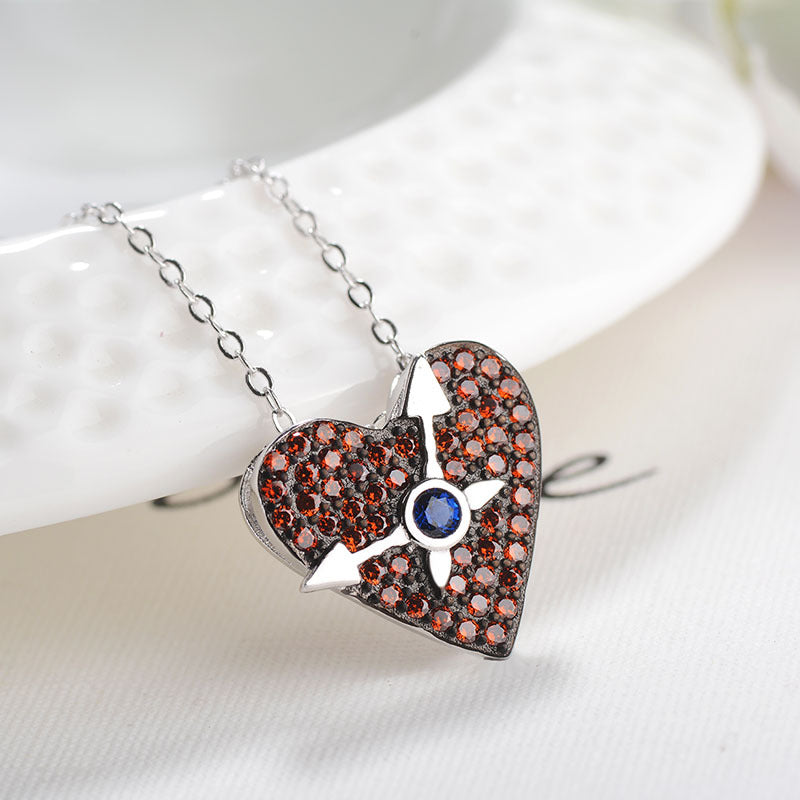 S925 Silver Heart Pendant Necklace with Red Gems