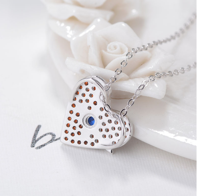 S925 Silver Heart Pendant Necklace with Red Gems