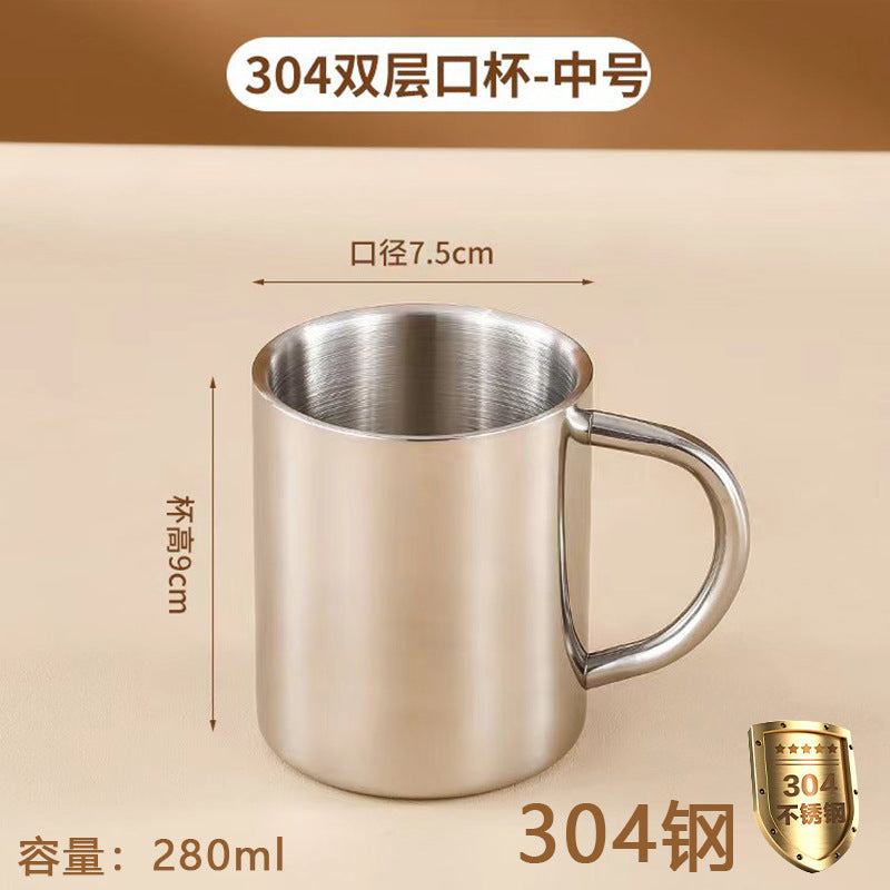 Wholesale Double-Layer Anti-Scald Mug with Handle, 304 Stainless Steel Water Cup with Lid, Children's Business Cup, Customizable with Logo