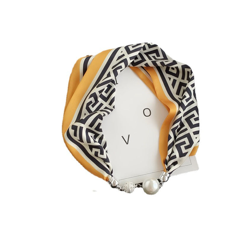 2025 New Magnetic Buckle Silk Scarf Women's Necklace Lazy Summer Pearl Neck Protector Collarbone Scarf Long Headscarf Wholesale