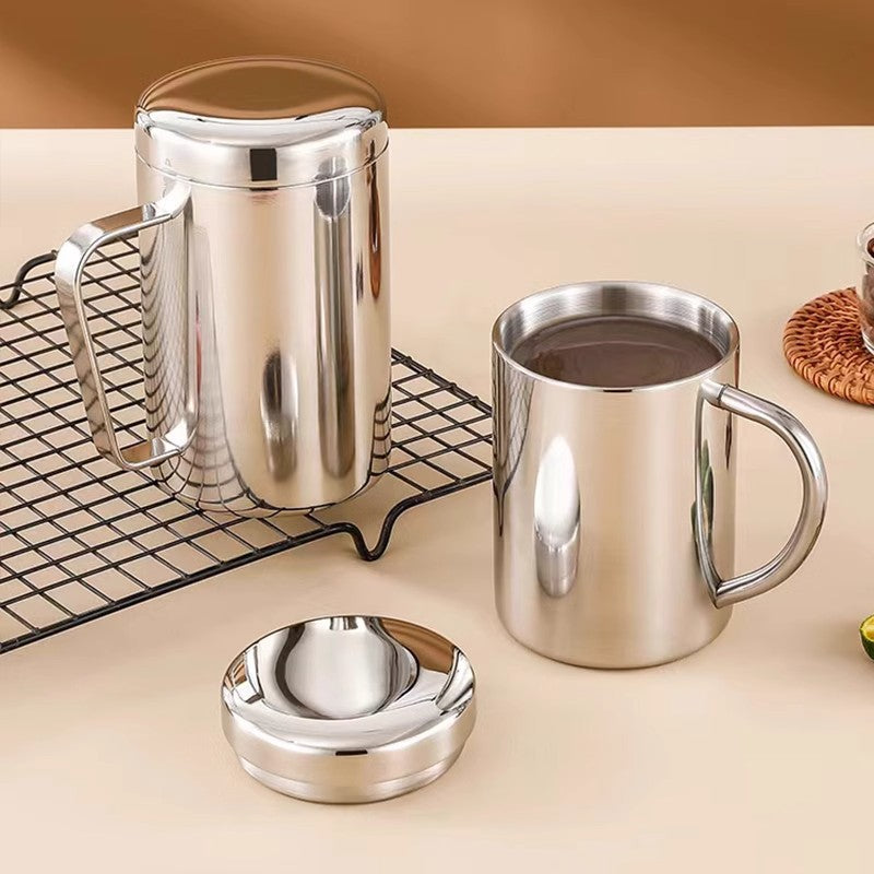 Wholesale Double-Layer Anti-Scald Mug with Handle, 304 Stainless Steel Water Cup with Lid, Children's Business Cup, Customizable with Logo