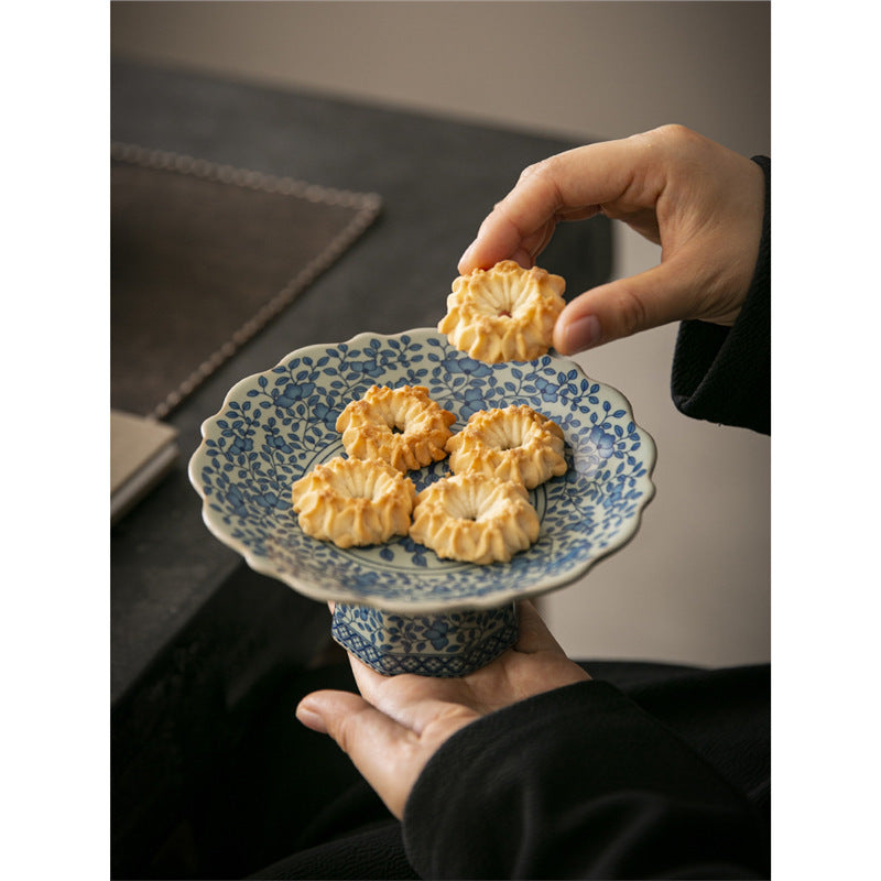 Chinese-style Blue and White Porcelain Fruit Plate Living Room Coffee Table Household Ceramic Refreshment Snack Plate High Foot Delicate Dried Fruit Snack Plate