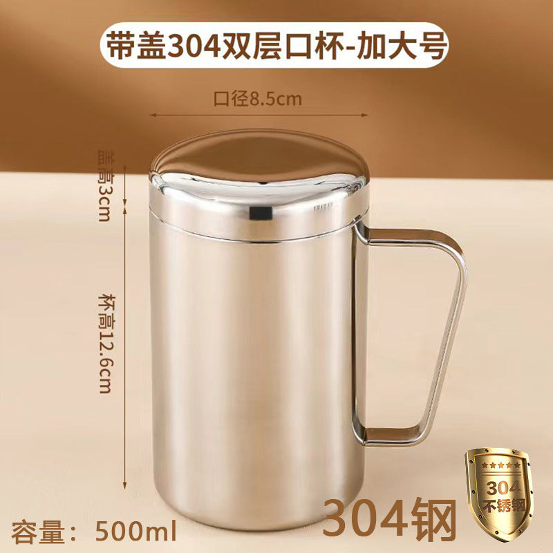 Wholesale Double-Layer Anti-Scald Mug with Handle, 304 Stainless Steel Water Cup with Lid, Children's Business Cup, Customizable with Logo