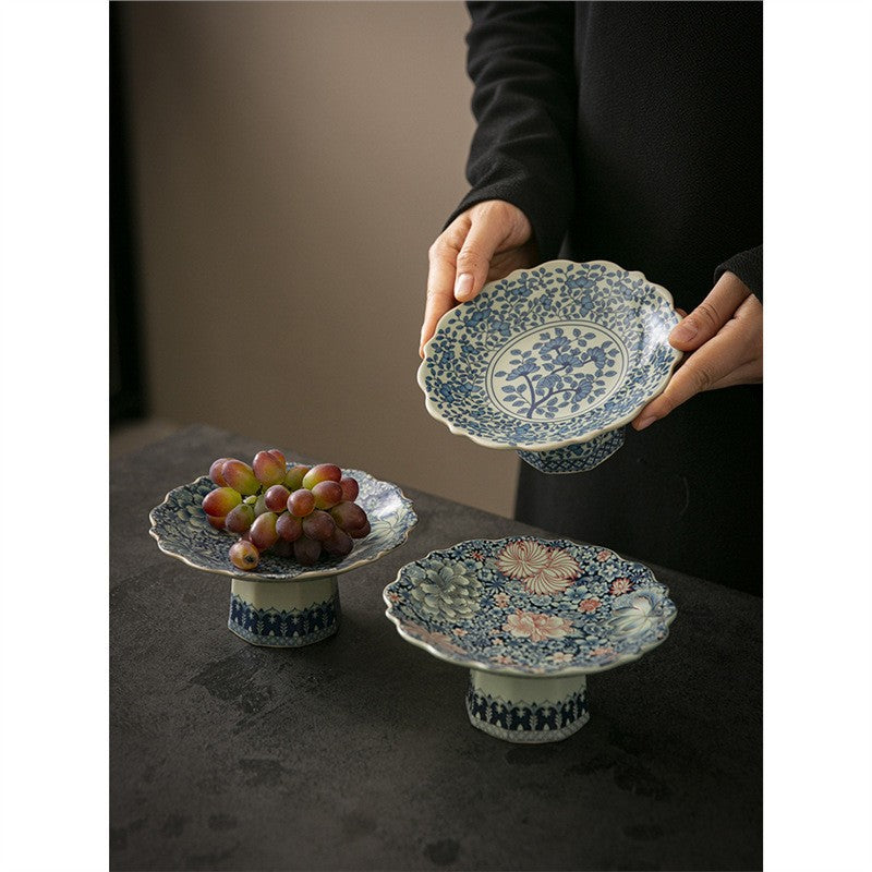 Chinese-style Blue and White Porcelain Fruit Plate Living Room Coffee Table Household Ceramic Refreshment Snack Plate High Foot Delicate Dried Fruit Snack Plate