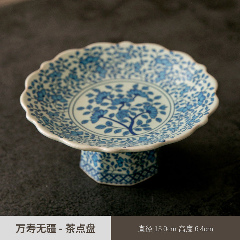 Chinese-style Blue and White Porcelain Fruit Plate Living Room Coffee Table Household Ceramic Refreshment Snack Plate High Foot Delicate Dried Fruit Snack Plate