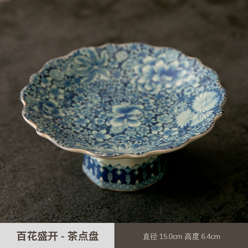 Chinese-style Blue and White Porcelain Fruit Plate Living Room Coffee Table Household Ceramic Refreshment Snack Plate High Foot Delicate Dried Fruit Snack Plate