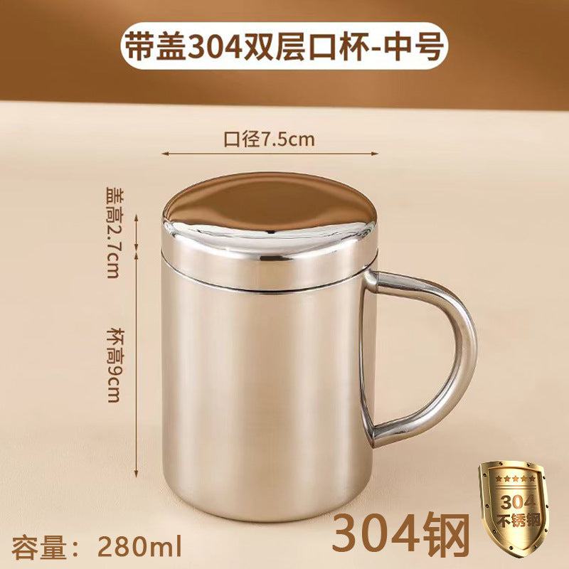 Wholesale Double-Layer Anti-Scald Mug with Handle, 304 Stainless Steel Water Cup with Lid, Children's Business Cup, Customizable with Logo