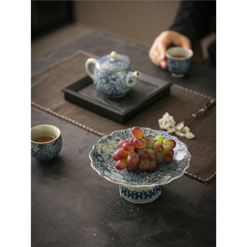 Chinese-style Blue and White Porcelain Fruit Plate Living Room Coffee Table Household Ceramic Refreshment Snack Plate High Foot Delicate Dried Fruit Snack Plate