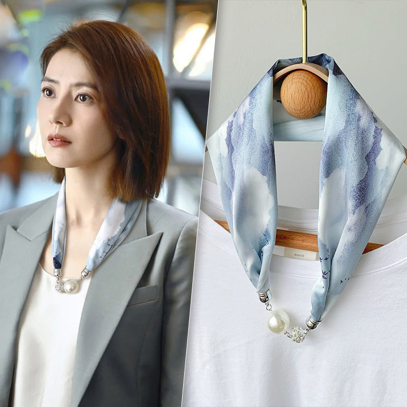2025 New Magnetic Buckle Silk Scarf Women's Necklace Lazy Summer Pearl Neck Protector Collarbone Scarf Long Headscarf Wholesale