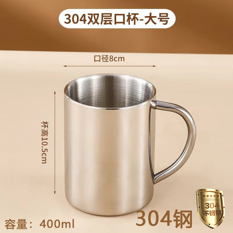 Wholesale Double-Layer Anti-Scald Mug with Handle, 304 Stainless Steel Water Cup with Lid, Children's Business Cup, Customizable with Logo