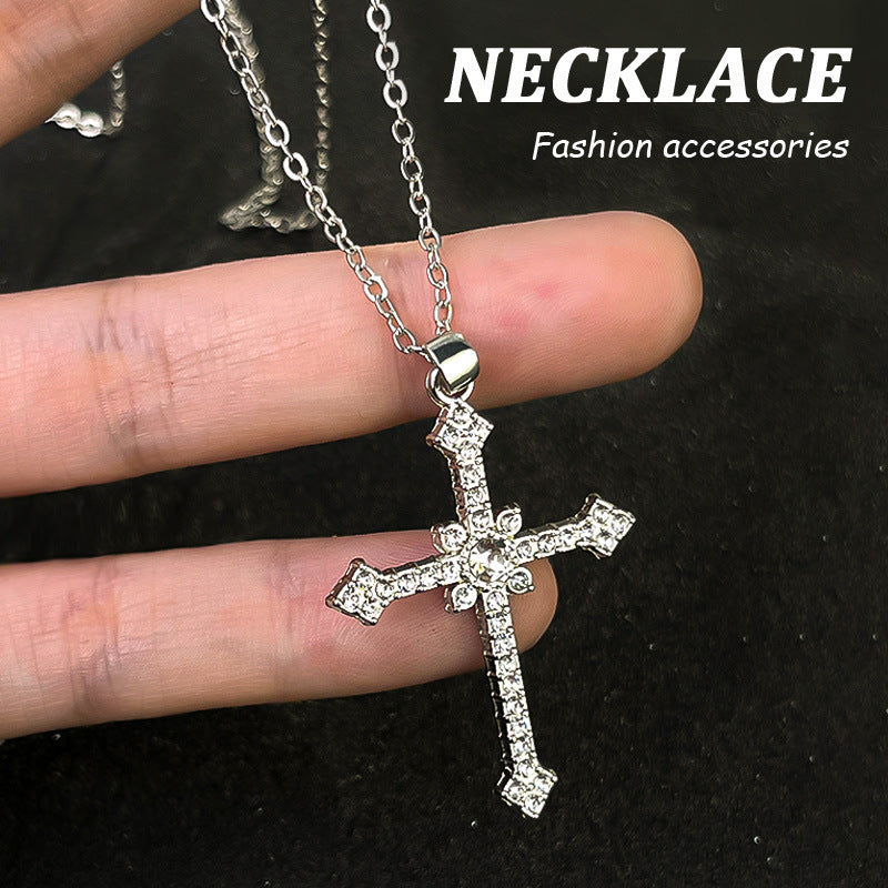 2024 Summer New Fashion Neck Chain Full Diamond Star Cross Necklace Cold Wind Sweet Cool Flash Diamond Pendant Neck Chain