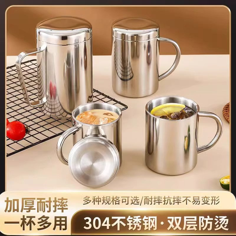 Wholesale Double-Layer Anti-Scald Mug with Handle, 304 Stainless Steel Water Cup with Lid, Children's Business Cup, Customizable with Logo