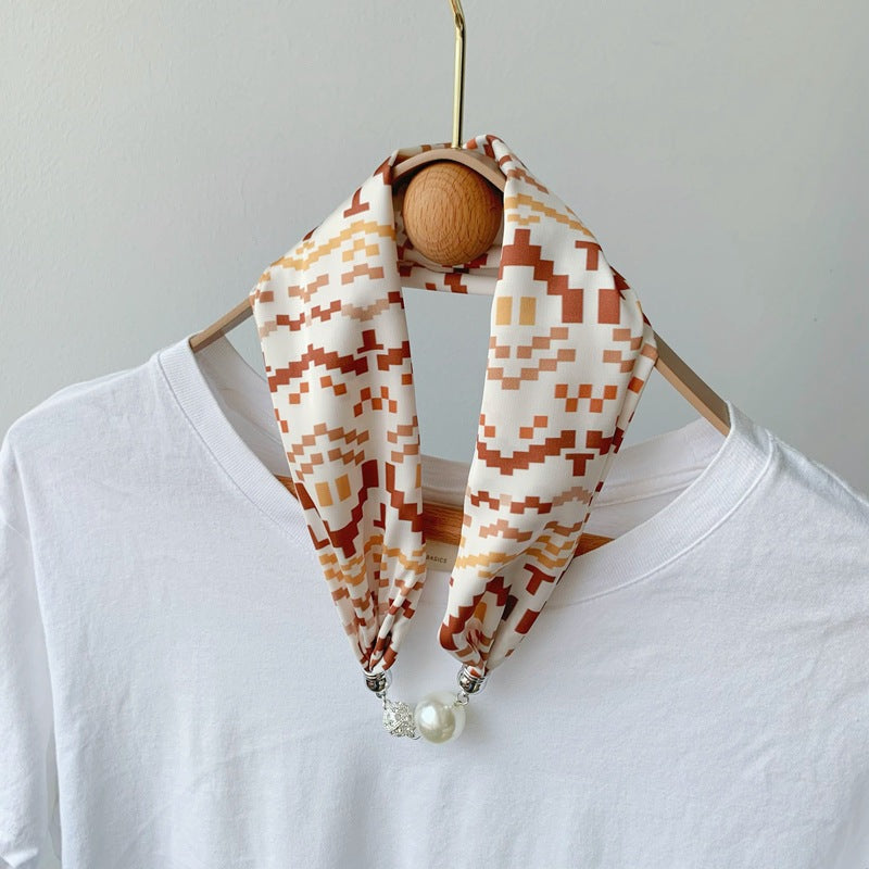 2025 New Magnetic Buckle Silk Scarf Women's Necklace Lazy Summer Pearl Neck Protector Collarbone Scarf Long Headscarf Wholesale