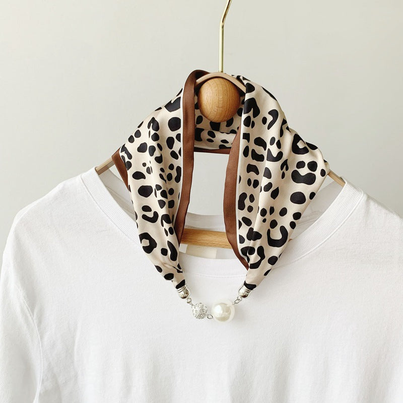 2025 New Magnetic Buckle Silk Scarf Women's Necklace Lazy Summer Pearl Neck Protector Collarbone Scarf Long Headscarf Wholesale