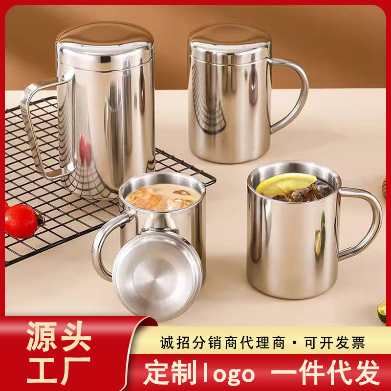 Wholesale Double-Layer Anti-Scald Mug with Handle, 304 Stainless Steel Water Cup with Lid, Children's Business Cup, Customizable with Logo