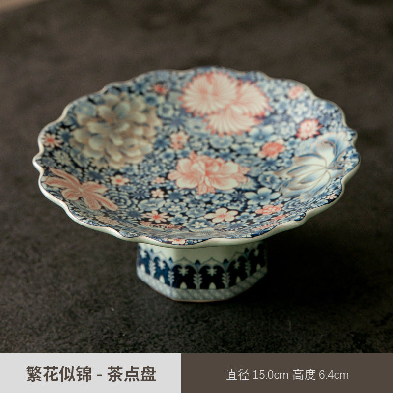 Chinese-style Blue and White Porcelain Fruit Plate Living Room Coffee Table Household Ceramic Refreshment Snack Plate High Foot Delicate Dried Fruit Snack Plate