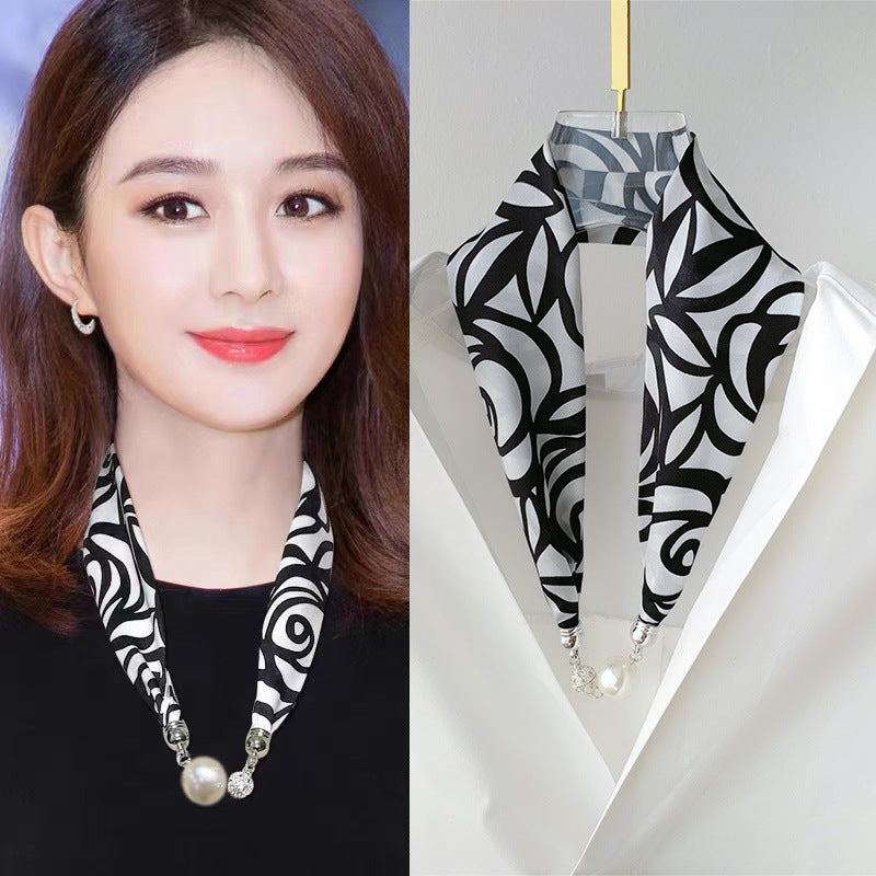 2025 New Magnetic Buckle Silk Scarf Women's Necklace Lazy Summer Pearl Neck Protector Collarbone Scarf Long Headscarf Wholesale
