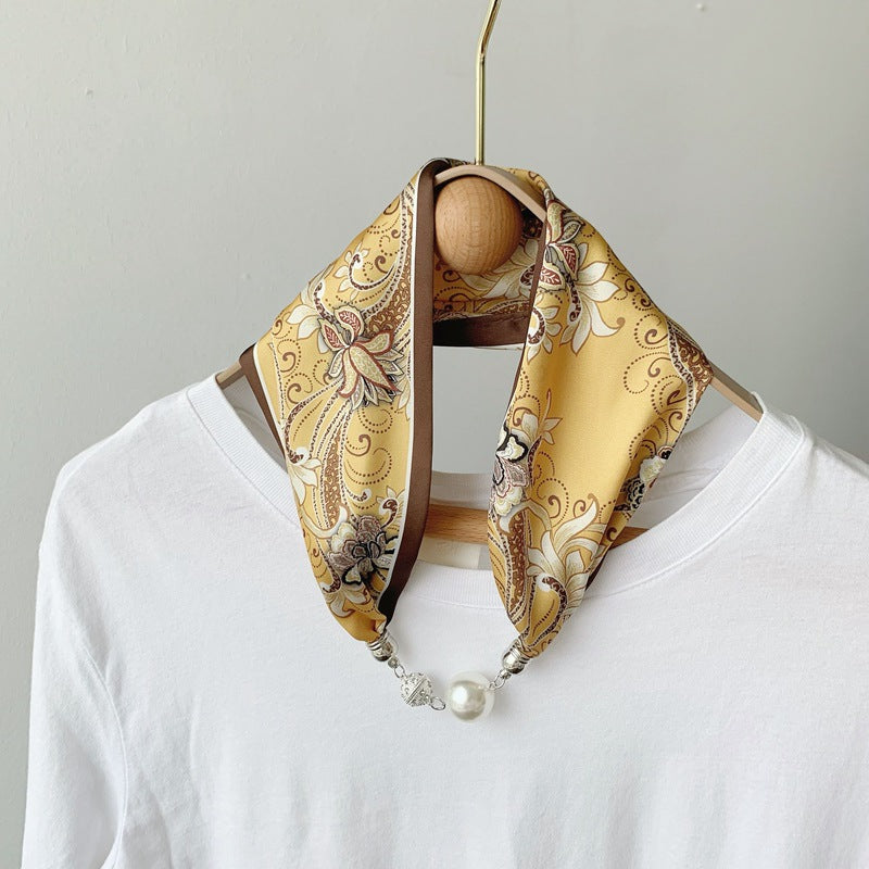 2025 New Magnetic Buckle Silk Scarf Women's Necklace Lazy Summer Pearl Neck Protector Collarbone Scarf Long Headscarf Wholesale