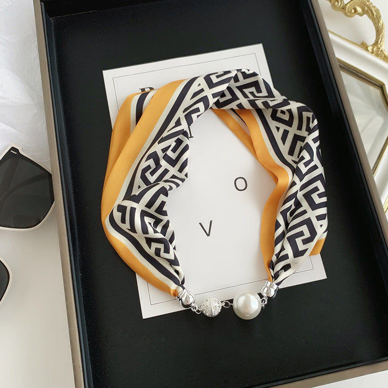 2025 New Magnetic Buckle Silk Scarf Women's Necklace Lazy Summer Pearl Neck Protector Collarbone Scarf Long Headscarf Wholesale