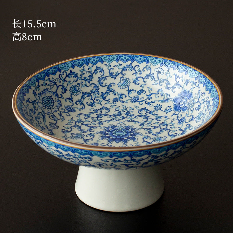 Chinese-style Blue and White Porcelain Fruit Plate Living Room Coffee Table Household Ceramic Refreshment Snack Plate High Foot Delicate Dried Fruit Snack Plate