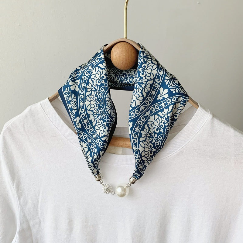 2025 New Magnetic Buckle Silk Scarf Women's Necklace Lazy Summer Pearl Neck Protector Collarbone Scarf Long Headscarf Wholesale