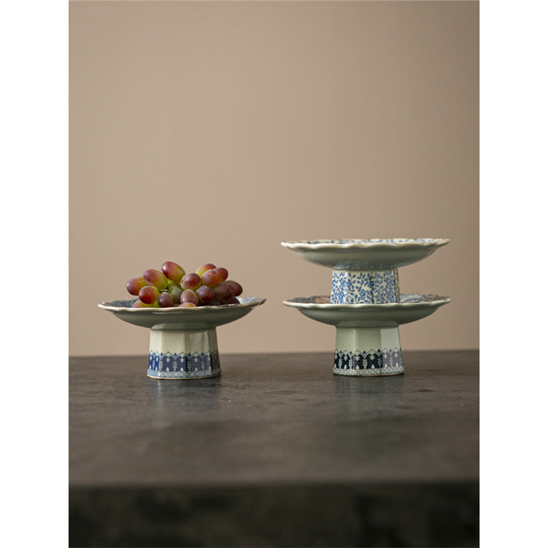 Chinese-style Blue and White Porcelain Fruit Plate Living Room Coffee Table Household Ceramic Refreshment Snack Plate High Foot Delicate Dried Fruit Snack Plate