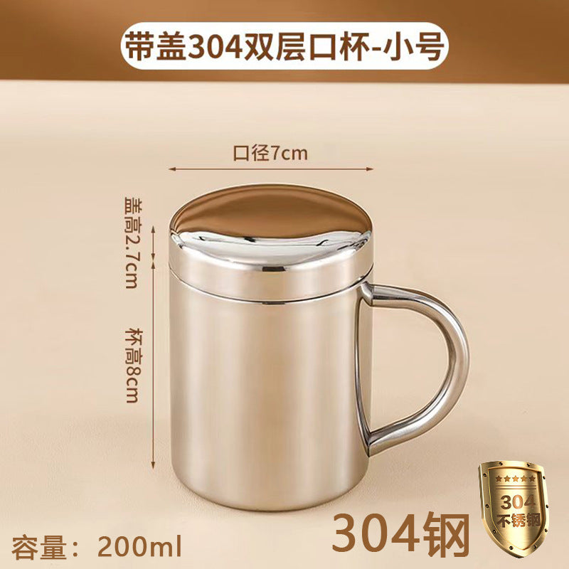 Wholesale Double-Layer Anti-Scald Mug with Handle, 304 Stainless Steel Water Cup with Lid, Children's Business Cup, Customizable with Logo