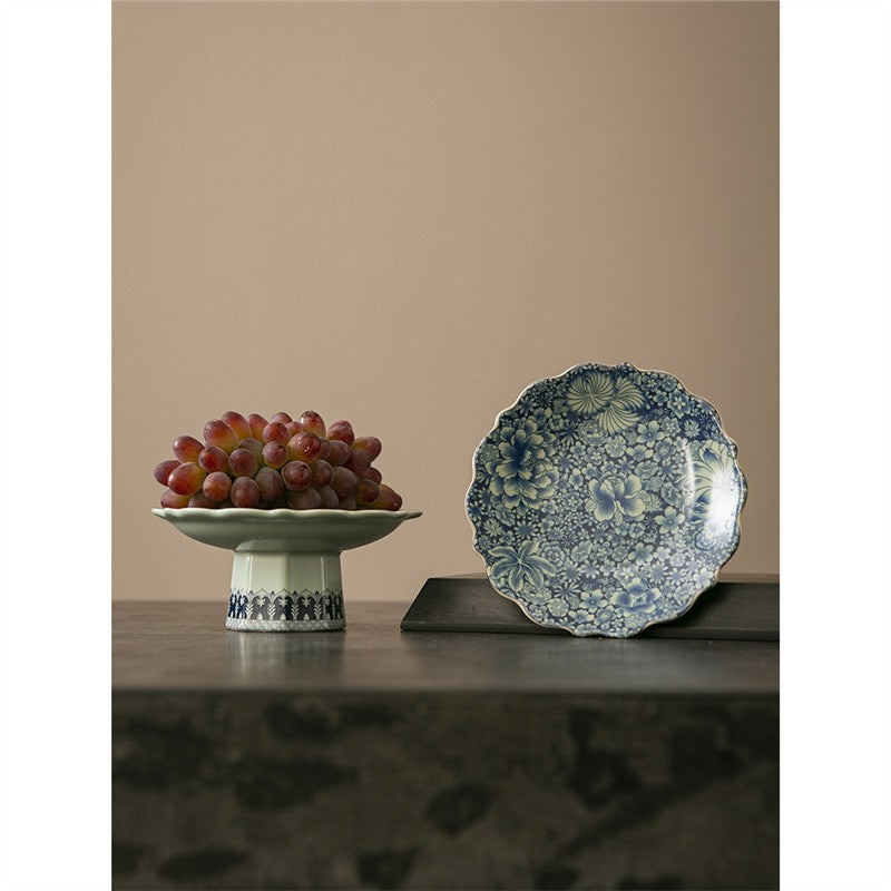 Chinese-style Blue and White Porcelain Fruit Plate Living Room Coffee Table Household Ceramic Refreshment Snack Plate High Foot Delicate Dried Fruit Snack Plate