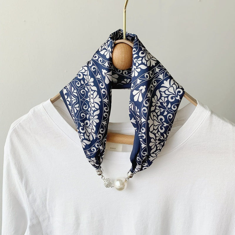 2025 New Magnetic Buckle Silk Scarf Women's Necklace Lazy Summer Pearl Neck Protector Collarbone Scarf Long Headscarf Wholesale