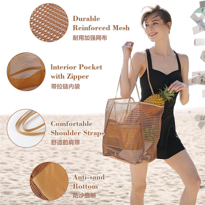 Foldable Mesh Beach Bag, Travel Shoulder Tote Bag, Large Capacity Clothing and Sundries Multi-Purpose Storage Bag
