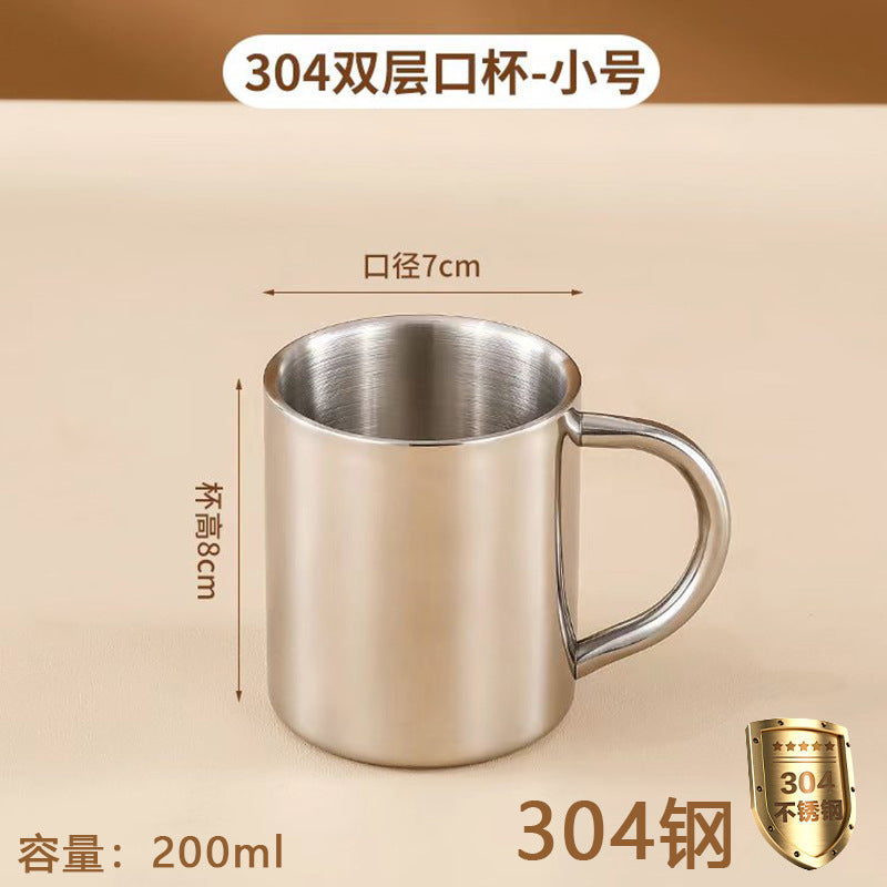 Wholesale Double-Layer Anti-Scald Mug with Handle, 304 Stainless Steel Water Cup with Lid, Children's Business Cup, Customizable with Logo