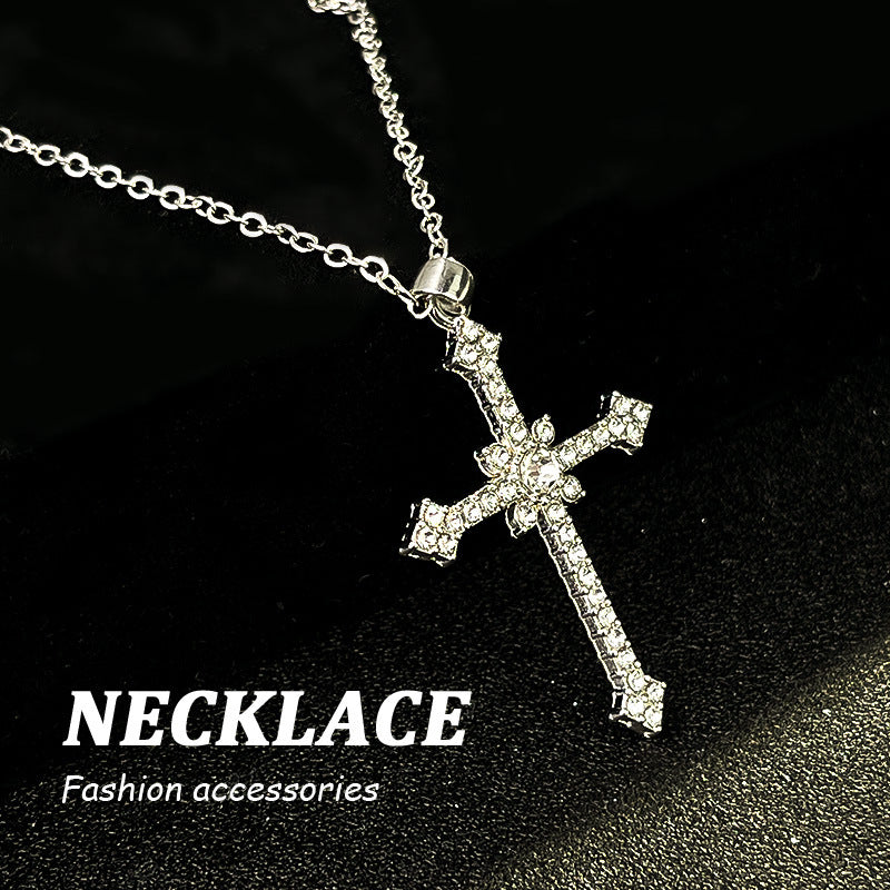 2024 Summer New Fashion Neck Chain Full Diamond Star Cross Necklace Cold Wind Sweet Cool Flash Diamond Pendant Neck Chain