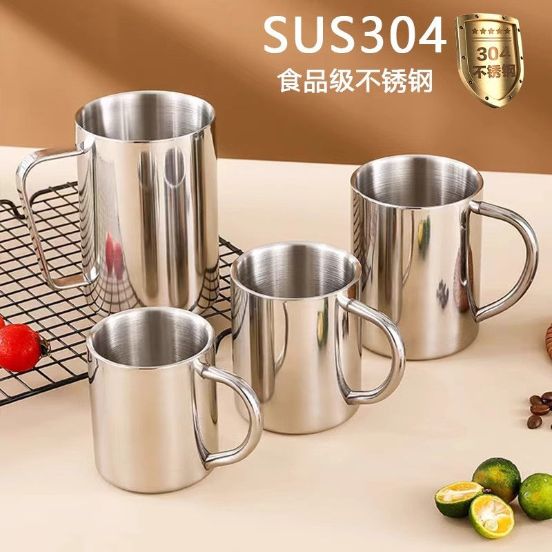 Wholesale Double-Layer Anti-Scald Mug with Handle, 304 Stainless Steel Water Cup with Lid, Children's Business Cup, Customizable with Logo