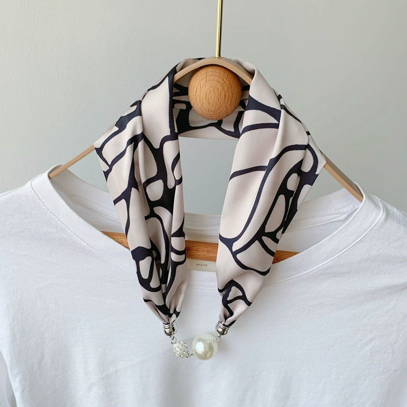 2025 New Magnetic Buckle Silk Scarf Women's Necklace Lazy Summer Pearl Neck Protector Collarbone Scarf Long Headscarf Wholesale