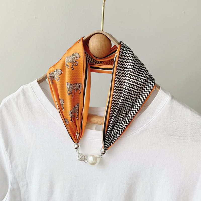 2025 New Magnetic Buckle Silk Scarf Women's Necklace Lazy Summer Pearl Neck Protector Collarbone Scarf Long Headscarf Wholesale