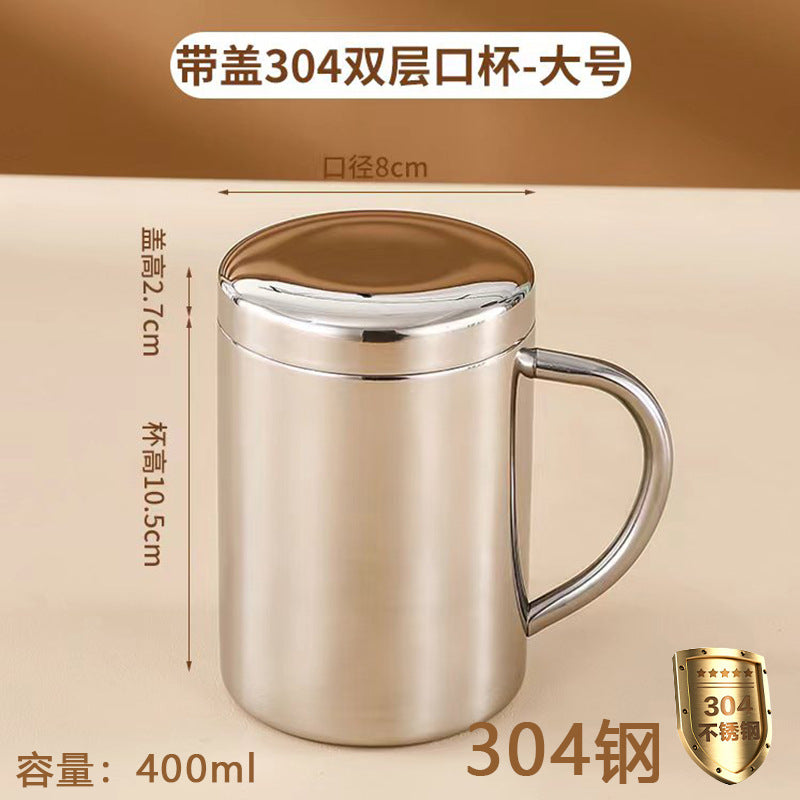 Wholesale Double-Layer Anti-Scald Mug with Handle, 304 Stainless Steel Water Cup with Lid, Children's Business Cup, Customizable with Logo