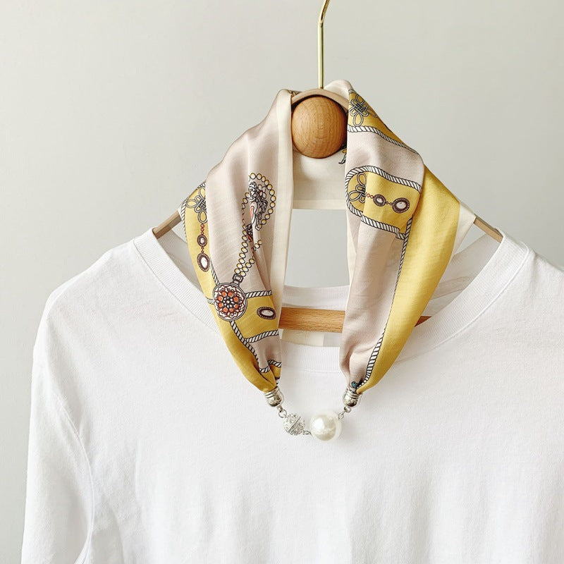 2025 New Magnetic Buckle Silk Scarf Women's Necklace Lazy Summer Pearl Neck Protector Collarbone Scarf Long Headscarf Wholesale