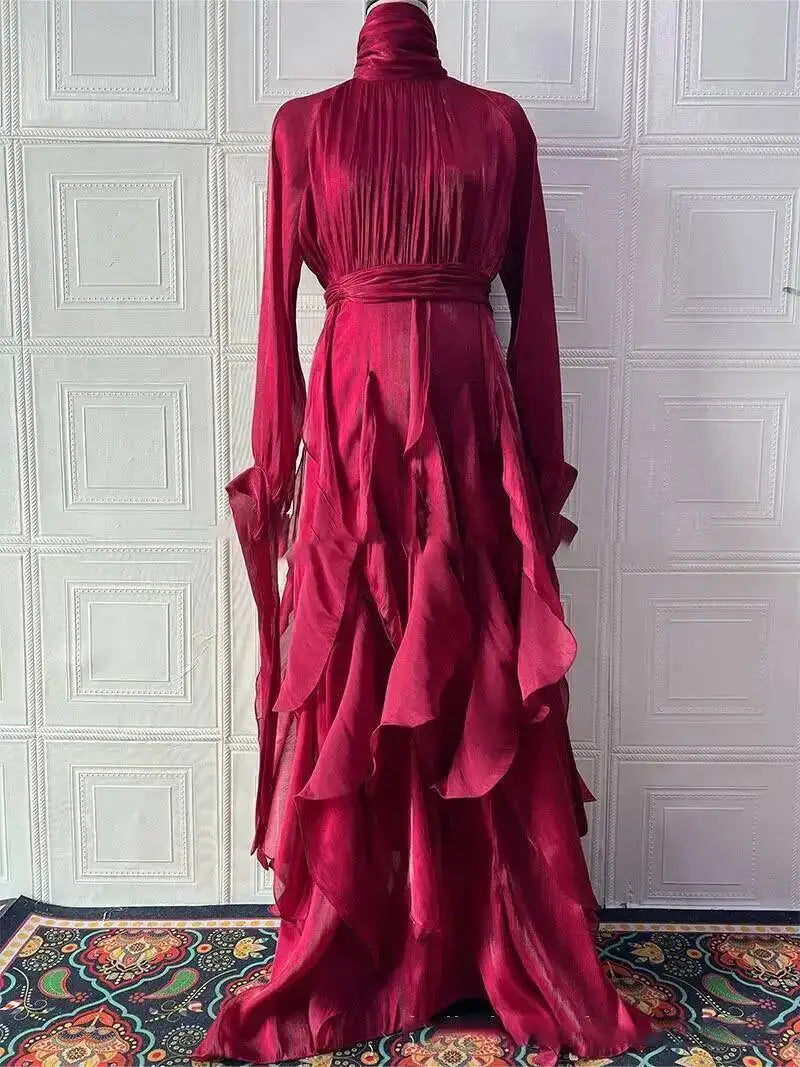 LGRQ early autumn turtleneck full sleeves shinny ruffles pullover Arabic styles floor length vacation dress female vestido