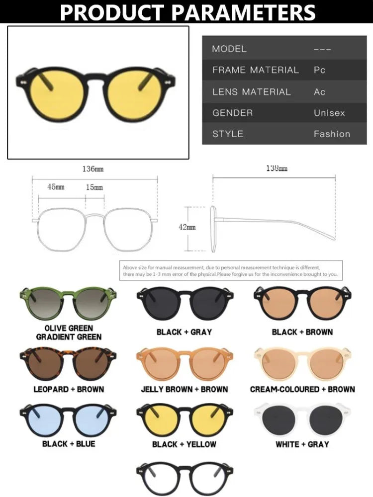 Retro Fashion Sunglasses for Men Women Vintage Small Round Frame Sun Glasses Yellow Lens UV400 Goggles Shades Eyewear