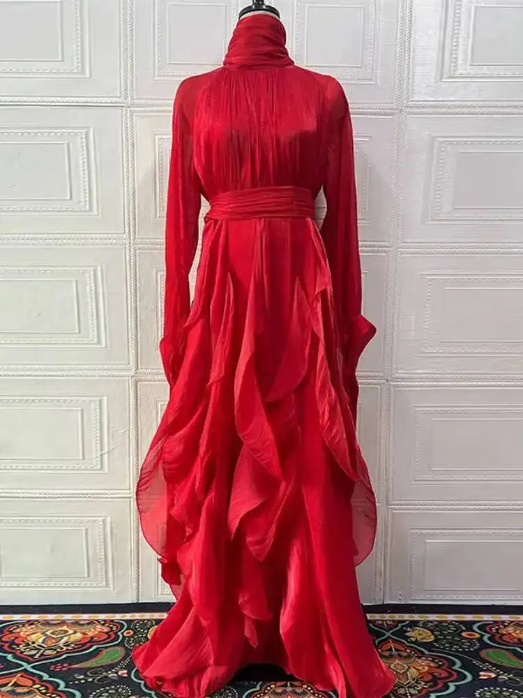LGRQ early autumn turtleneck full sleeves shinny ruffles pullover Arabic styles floor length vacation dress female vestido