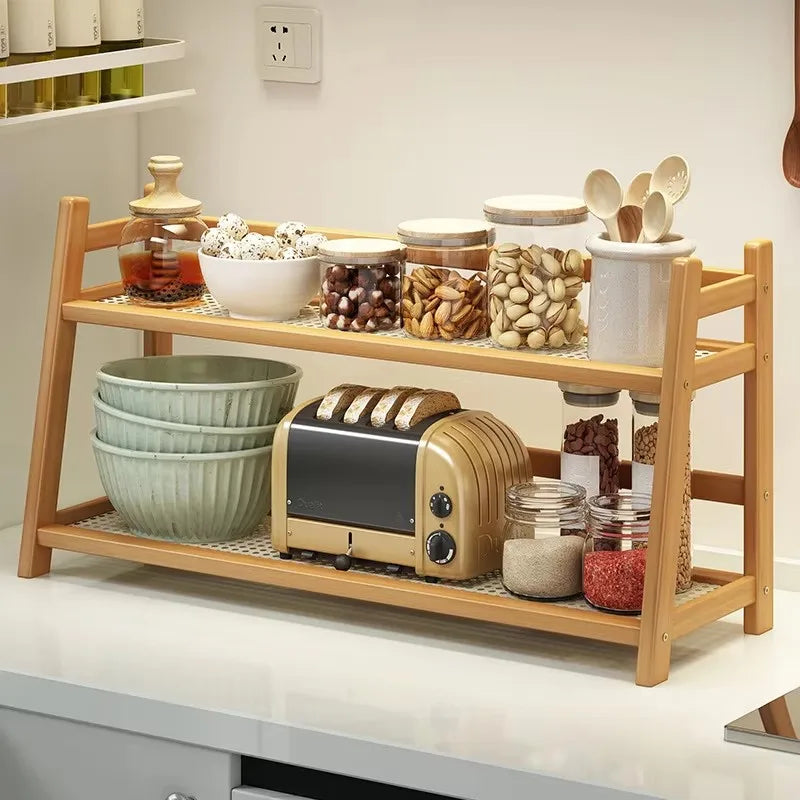 2 Layer Spice Caddy Shelf Bamboo Kitchen Storage Rack Desktop Cabinet Organizer Display Rack Coffee Bar Counter Shelf Cup Holder
