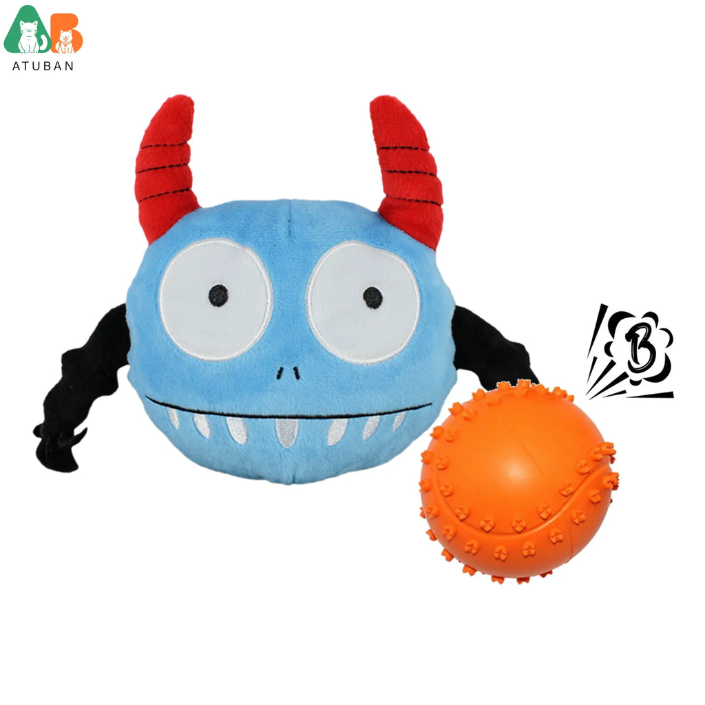 ATUBAN Dog Interactive Toys 2in1 Dog Plush Squeaky Small Balls Pet Toys Halloween Xmas for Small Medium Large Dogs,Blue Monster