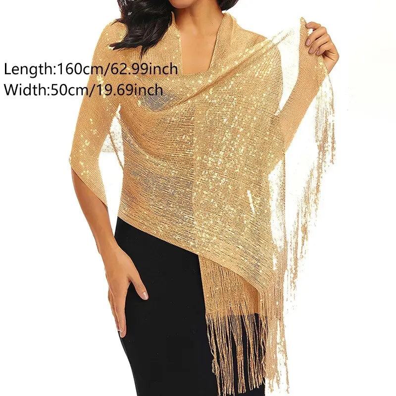 Fashion Bright Silk Sunscreen Shawl Hijab Gold Silver Shiny Scarves For Women Lace Tassel Party Evening Dress Scarf
