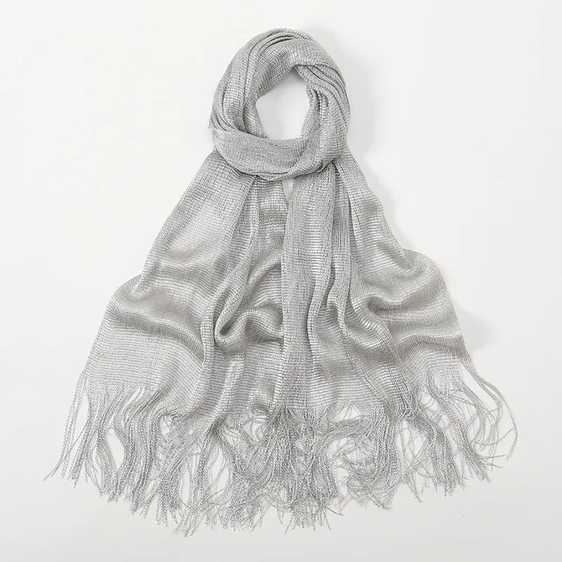 Fashion Bright Silk Sunscreen Shawl Hijab Gold Silver Shiny Scarves For Women Lace Tassel Party Evening Dress Scarf