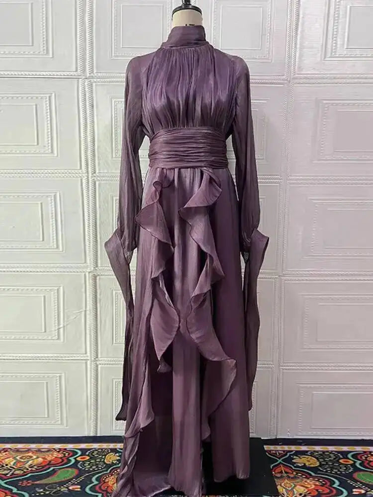 LGRQ early autumn turtleneck full sleeves shinny ruffles pullover Arabic styles floor length vacation dress female vestido